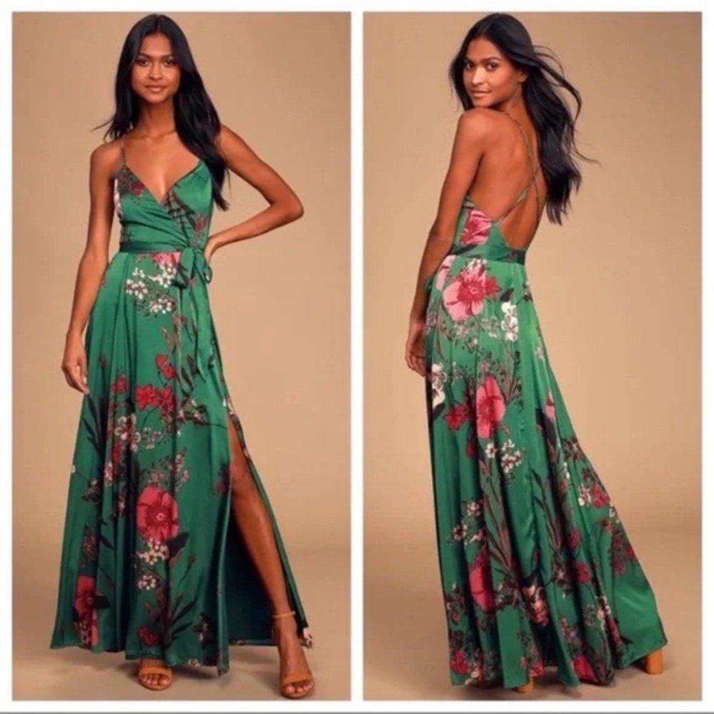 Still the One Emerald Green Floral Print Satin Maxi Dress